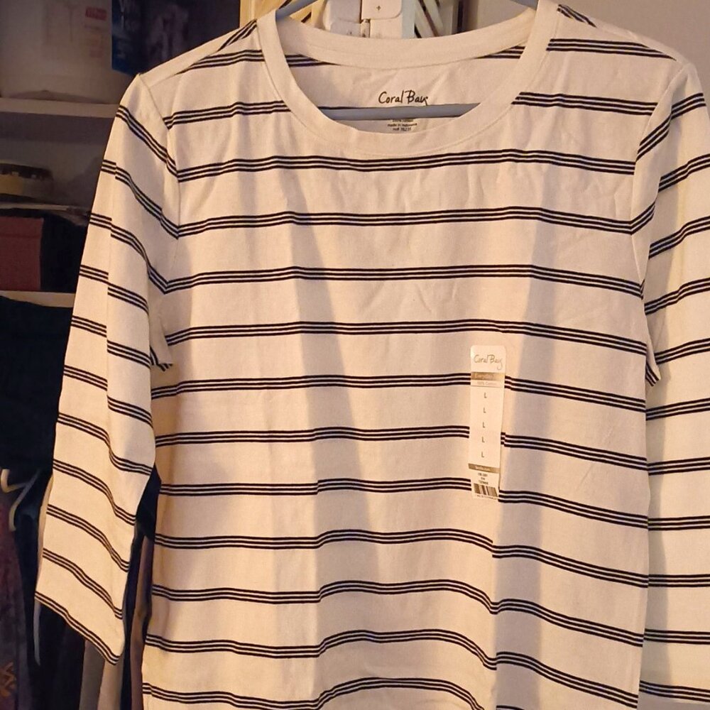 Coral Bay Large 100% Cotton Striped Shirt, 3/4 Length Sleeves ,, NWT